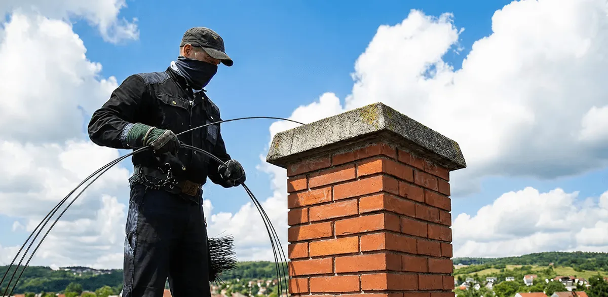 Chimney sweep cleaning a brick chimney with professional tools in Rockford, IL